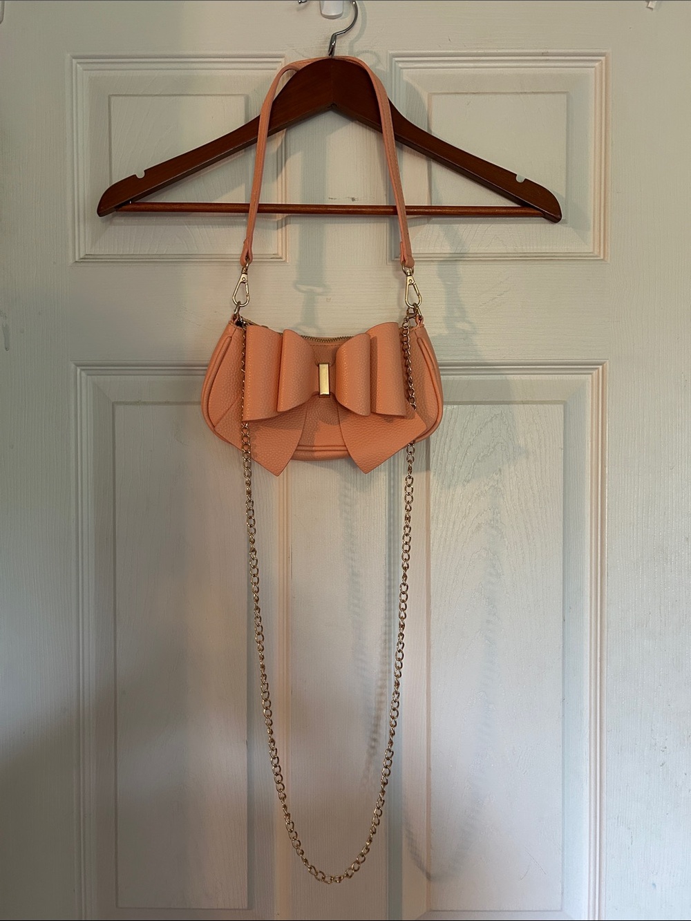Peach Bow Accent Crossbody Purse with Gold Chain